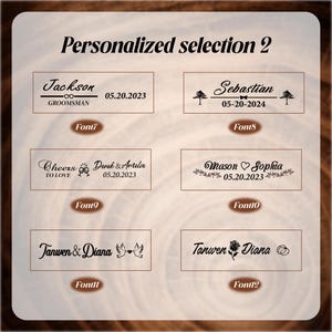 May include: A wooden background displays examples of personalized text options. The text includes names, dates, and phrases like "Groomsman" and "Cheers to Love." Various fonts are showcased, with decorative elements such as trees, hearts, and doves.
