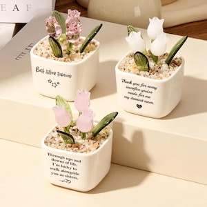 Peut inclure: Trois pots de fleurs carrés en céramique blanche remplis de petits cailloux et de tulipes en verre. L'un présente des tulipes roses avec le texte Best sister forever. Un autre a des tulipes blanches et un texte sur le sacrifice. Le troisième a des tulipes rose clair.