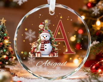 Custom Monogram Name Glass Ornament, Elf Snowman Christmas Ornaments for Kids, 2026 Christmas Keepsakes, Children Xmas Gifts