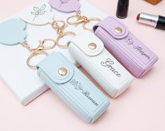 Personalized Leather Lipstick Case Keychain, Custom Birth Flower Lipstick Bag Lip Balm Case with Mirror Bag Accessory Keyring Beauty Product