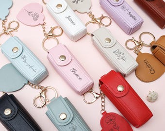 Personalized Birth Flower Lipstick Bag Keychain with Mirror, Custom Leather Lip Balm Holder, Engraved Lip Balm Case Keyring, Gift for Mom