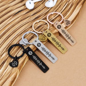 Op de afbeelding: Vier sleutelhangers in zwart, zilver, goud en roségoud, elk met een Spotify-code ontwerp. De sleutelhangers hebben een rechthoekige vorm met een ronde sleutelring. Sommige sleutelhangers hebben hartvormige of ronde bedels.