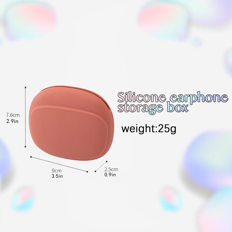 Op de afbeelding: Een koraalkleurige siliconen oortelefoon opbergdoos. De doos is 9 cm breed, 7,6 cm hoog en 2,5 cm dik. Het gewicht is 25 g. De tekst op de afbeelding luidt "Siliconen oortelefoon opbergdoos".
