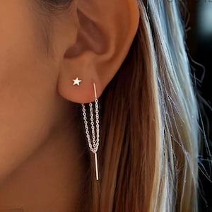 Boucles d'Oreilles Étoile Filante en Argent Sterling S925, boucle d'oreille chaine piercing 2 trous, boucle d'oreille chaîne minimaliste