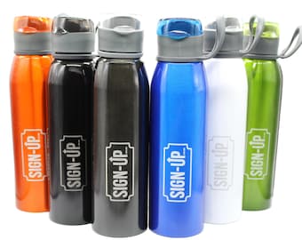 May include: Six colorful water bottles in orange, black, dark gray, blue, white, and green. Each bottle has a gray lid and the text "SIGN-UP" in a white rectangle. The bottles are cylindrical and appear to be made of metal.
