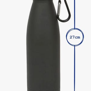 May include: A matte black water bottle with a matching cap and a black carabiner attached to the neck. The bottle has a capacity of 500ml, a height of 27cm, and a base diameter of 7cm. The text CAPACITY 500ml is visible along with dimension arrows.