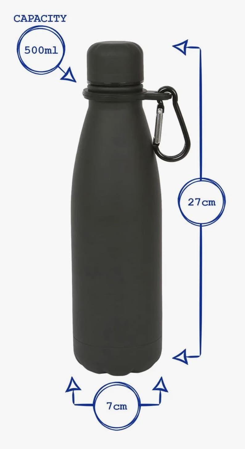 May include: A matte black water bottle with a matching cap and a black carabiner attached to the neck. The bottle has a capacity of 500ml, a height of 27cm, and a base diameter of 7cm. The text CAPACITY 500ml is visible along with dimension arrows.