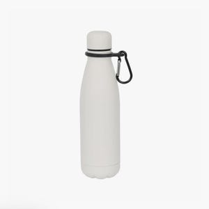 May include: A matte white water bottle with a smooth, cylindrical body and a rounded cap. A black silicone ring is fitted around the neck of the bottle, featuring an attached black metal carabiner clip for easy carrying and secure attachment.