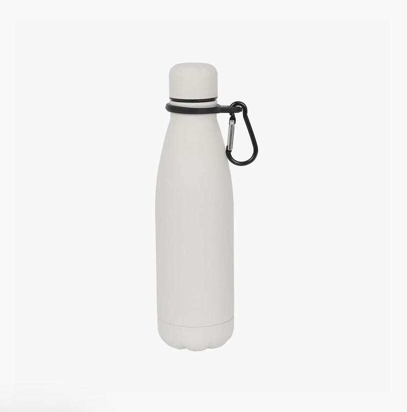 May include: A matte white water bottle with a smooth, cylindrical body and a rounded cap. A black silicone ring is fitted around the neck of the bottle, featuring an attached black metal carabiner clip for easy carrying and secure attachment.