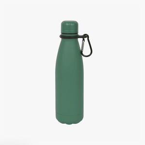 May include: A matte sage green water bottle with a smooth, cylindrical body and a rounded base. The bottle features a matching screw-top lid and a black plastic neck ring attached to a black metal carabiner clip for easy carrying and attachment.