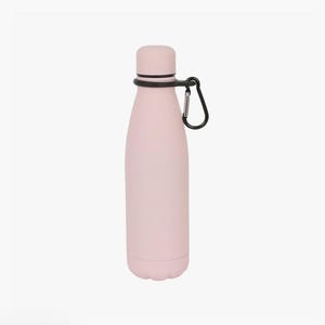 May include: A light pink water bottle with a smooth matte finish, featuring a matching screw-top lid and a black silicone ring around the neck. A black metal carabiner clip is attached to the silicone ring for easy carrying and secure attachment.