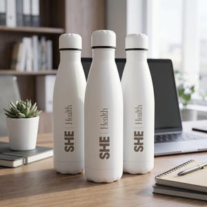 May include: Three matte white stainless steel water bottles with a rounded cap and a black ring detail. Each bottle features the text "SHE | Health" printed vertically in a dark gray sans-serif font on the front side of the cylindrical body.