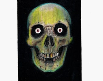 Skull illustration  aceo art card original colored pencil drawing- Skeleton horror goth 2.5 x 3.5