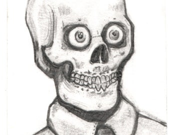 Skull illustration "School Photo" aceo art card original pencil drawing- Skeleton horror goth 2.5 x 3.5