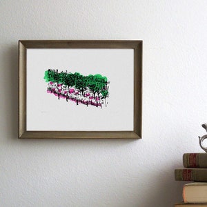 Apple Blossom Time - retro spring trees orchard landscape art in pink and green silkscreen print