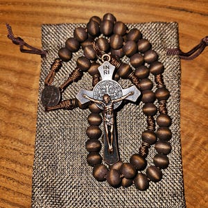 Monastic Rosary with dark brown beads, St. Benedict Copper crucifix and St. Benedict medal center, paracord | OLR Rosary | Christian Gift
