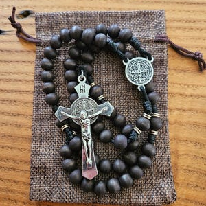 Exorcism Rosary with dark black beads, St. Benedict silver crucifix and St. Benedict medal center, paracord | OLR Rosary | Christian Gift