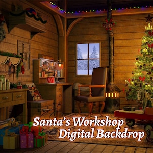 Digital Backdrop - Santa&#39;s Workshop Christmas Scene, Festive Photography Background, Winter Wonderland Backdrop