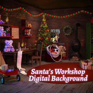May include: A festive Christmas scene with a wooden cabin decorated with red and green lights. A Christmas tree stands in the centre of the room, surrounded by toys and gifts. The text "Santa's Workshop Digital Background" is displayed on a red rug.