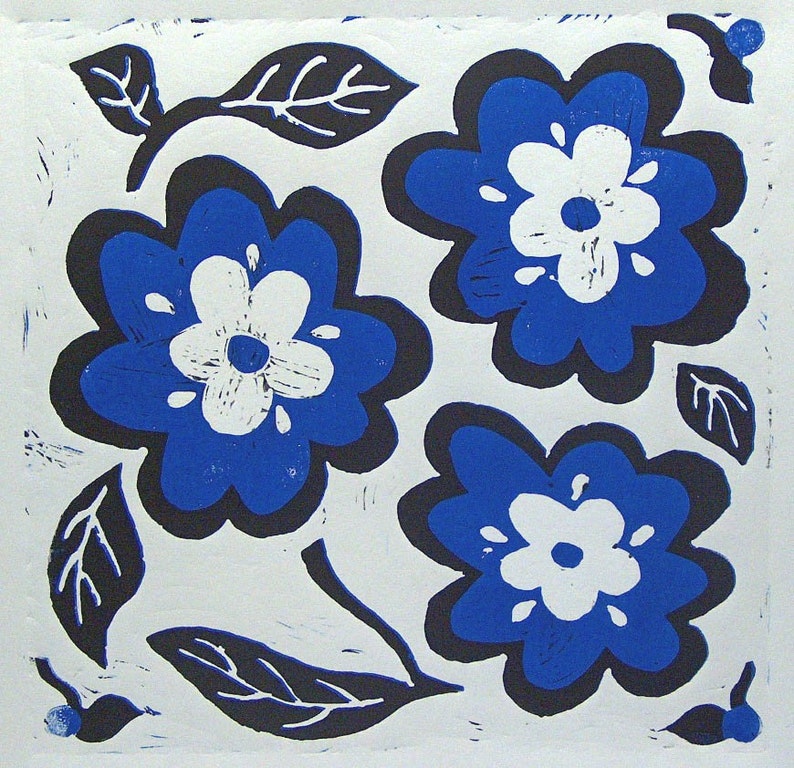 Blue Flower Linoleum Block Print, Linocut, Fine Art Print, Home Decor