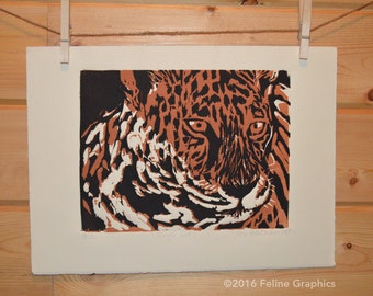 Jungle Cat Wood Block Print, Cat Print, Home Decor, Fine Art Print, Hand Printed, Wood Block print