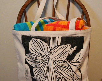 Amarylis Tote Bag, Flower Bag, Hand printed, Linocut, Canvas Bag, Beach Bag, Grocery Bag