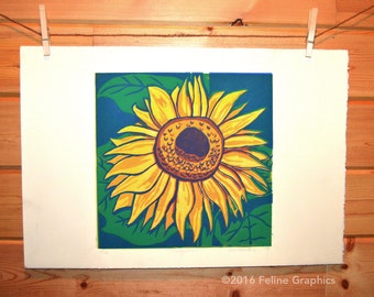 Sunflower Linoleum Block Print, Sunflower art, Linocut, Fine Art Print, Home Decor, Kitchen Decor, Flower Art Print