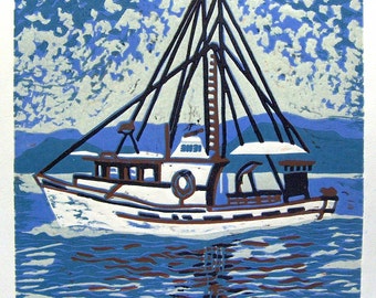 May include: A blue and white fishing boat with a brown mast and rigging, sailing on a blue and white sea with a blue sky and white clouds in the background. The image is titled "Fishing in Alaska" and signed "Jewelllastname" with the date "1988".