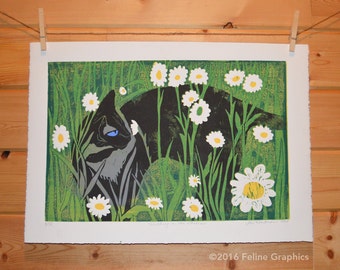 Siamese Cat in Daisies Linoleum Block Print, Cat Print, Home Decor, Linocut, Cat Art, Siamese Cat, Hand Printed, Cat Lady Gift