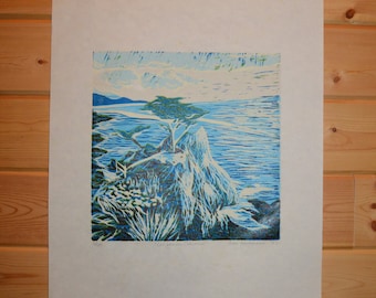 California Coast Linoleum Cut Print, Linocut, Home Decor, Fine Art Print, Block Print
