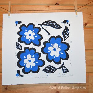 Blue Flower Linoleum Block Print, Linocut, Fine Art Print, Home Decor, Kitchen Decor, Flower Art Print, Blue Flowers