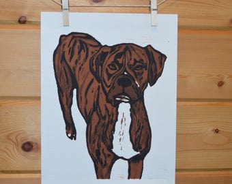 My Boxer Linocut Print, Dog Art, Linocut Print, Handprinted Art, Home Decor, Dog Lover Gift, Boxer Art