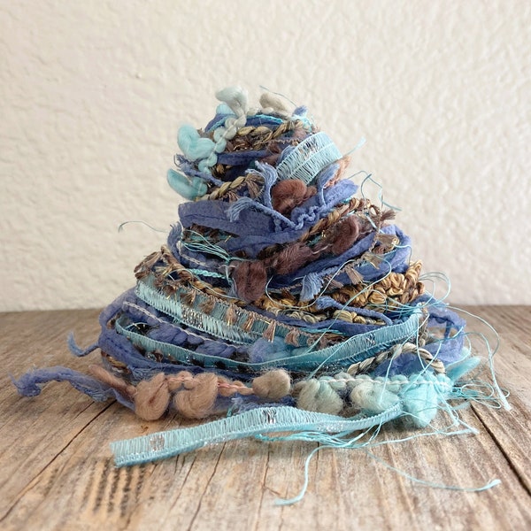 horizon fiber effects™  art yarn bundle 6x2= 12yd mixed media textile trim sampler pack . aqua slate blue tan brown