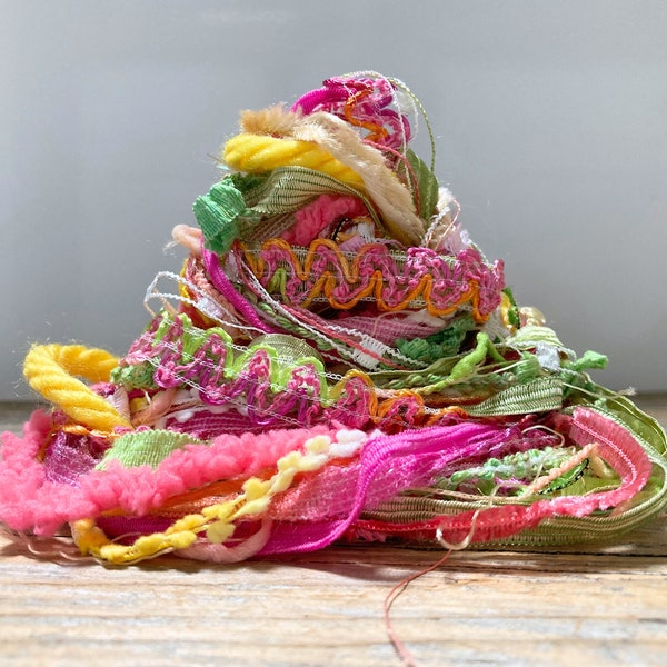 gerbera daisy fringe effects™ art yarn bundle 20yd . pink green yellow coral . fiber art crafts tassel making junk journals mini weaving