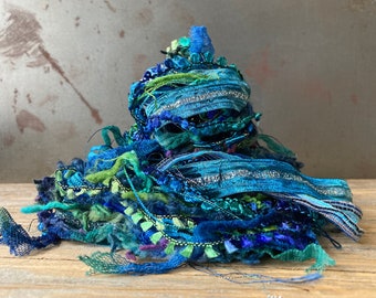 deep sea fiber effects™  art yarn bundle 11x2= 22yds . turquoise navy cobalt blue green . hoop weaving, dreamcatchers, fringe, mixed media