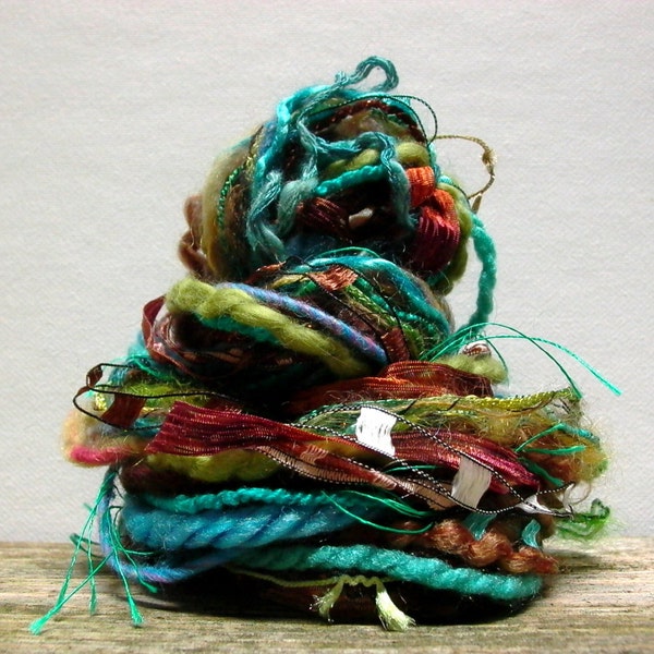 woodland stream fringe effects™  21yds of specialty art yarns fiber bundle . turquoise teal blue forest moss green copper brown