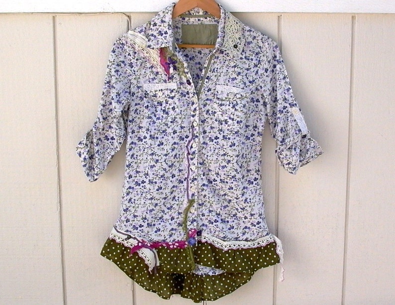 tattered lace boho prairie shabby lagenlook chic eco altered upcycled shirt womens reconstructed vintage floral blouse m olive branch