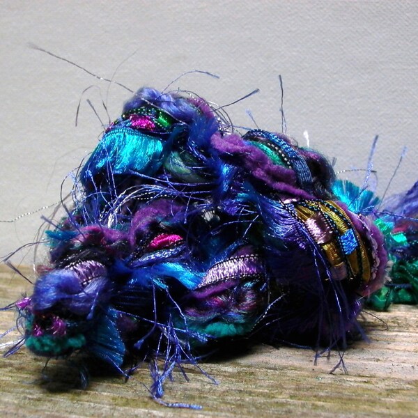 plumage fringe effects™  21yds art yarn bundle specialty fibers ribbons fiber art . peacock cobalt royal blue violet purple teal turquoise
