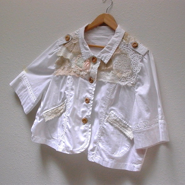 milk and honey. women's plus size jacket 3X altered eco upcycled clothing tattered lace boho shabby cottage chic white cotton cropped coat