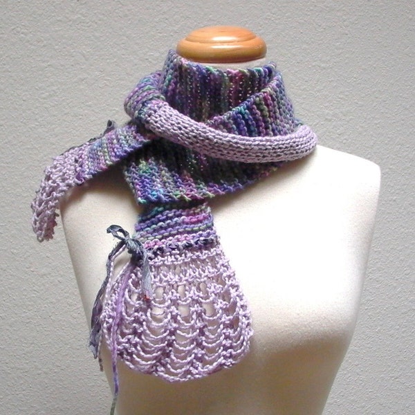 eco fairy. handknit scarf . eco friendly organic knit scarf . merino wool cotton sari silk ribbon . lavender lilac orchid purple