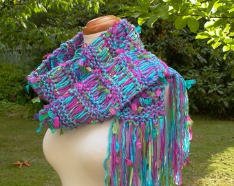 mahalo. handknit art yarn scarf . knitwear accessories . fall winter fashion knit scarf . turquoise blue orchid pink kiwi green knit scarf