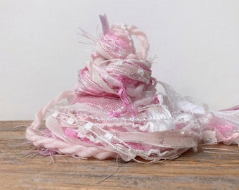 birthday cake fringe effects™  fiber bundle 21x1= 21yd . pink white yarns ribbons lace embellishment pack . weaving tassels junk journaling
