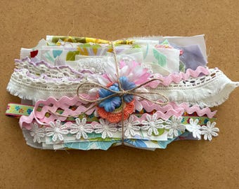 floral inspiration crafting kit. creative bundle . slow stitch snippets . fabric lace trims doily . junk journals . sewing . quilting
