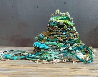 patina fiber effects™  6x2= 12yd art yarn bundle . textile trims novelty yarn sampler pack . turquoise teal chartreuse gold
