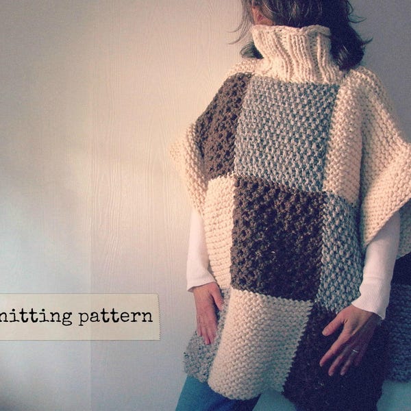 Patchwork Poncho Strickmuster. Grobstrick Oversized Rollkragen Pullover Muster . Sweater Weather Slow Fashion pdf Strickanleitung