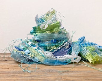 sea glass fringe effects™  ribbon bundle 21x1= 21yds luxury art yarns fibers embellishments . aqua turquoise blue green white yarn pack