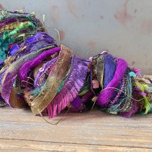 magical forest fringe effects™  21yds luxury art yarns ribbon fiber bundle . green purple brown turquoise sparkle . knit crochet weave