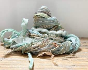 eucalyptus fringe effects™  fiber art yarn bundle 21x1= 21yd . mint moss sage green . sari silk wool ribbons sparkle yarn pack