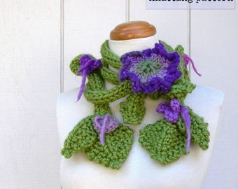 knitting pattern . Garden Lariat pattern . skinny scarf knit flowers leaves vine instructions tutorial . wearable fiber art knitting pdf