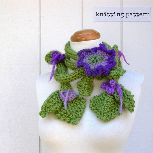 knitting pattern . Garden Lariat pattern . skinny scarf knit flowers leaves vine instructions tutorial . wearable fiber art knitting pdf